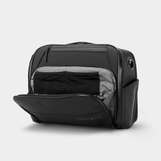 Nomatic Black Messenger Bag Open Pocket Front Angle View